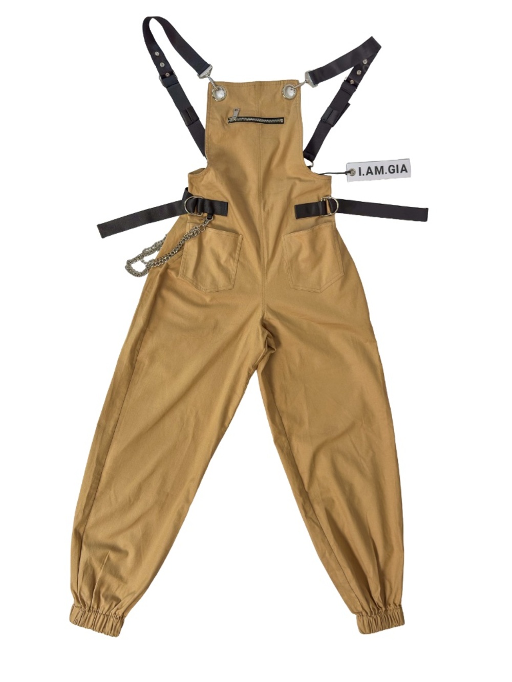 I.AM.GIA Cobain Overalls Tan Chain Strap Drop Crotch XS NWT
